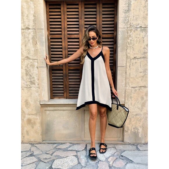 Contrast stripe v neck cami mini dress minimalist tan black boho preppy - Picture 1 of 3